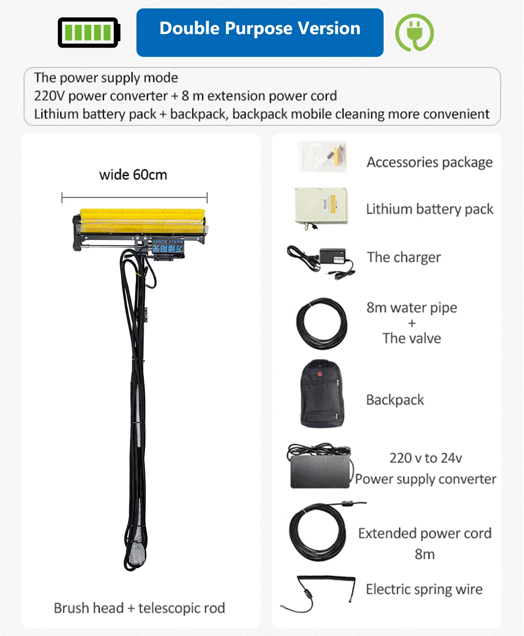 Dual-Used Version Electric Rolling Brush Solar Clean Tools for Fruit Vegetable Glass Washing Photovoltaic Plants Cleaning