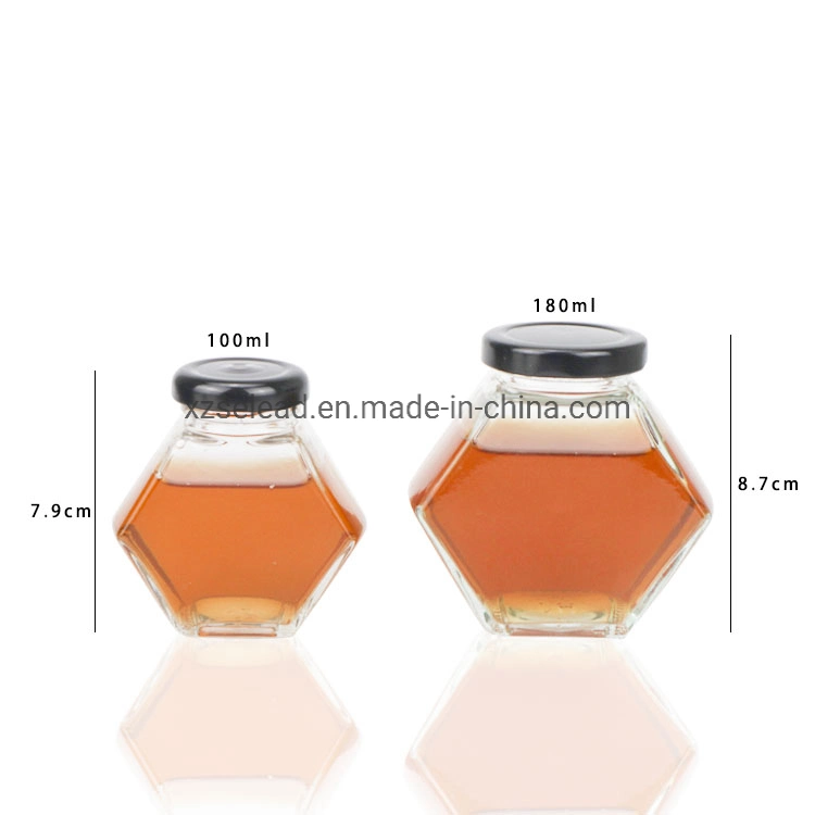 Honeycomb Shape Hexagonal Glass Storage Pot Cruet Spice Herb Mini Honey Jar with Wooden Dipper and Bamboo Lid