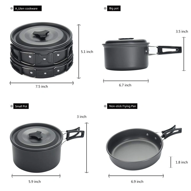 Outdoor Advanced Hard Aluminum Non-Stick Pan Cookware Set 3 in 1 Picnic 2-3 Person Camping Cooking Combination Tableware Set for Hiking Camping