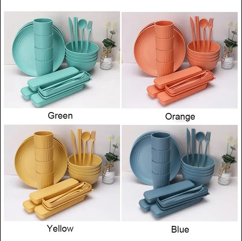 Hot Sale Kids Wheat Straw Dinner Set Tableware Degradable Plates Cup Tableware Set BPA Free Cutlery Dinnerware Set