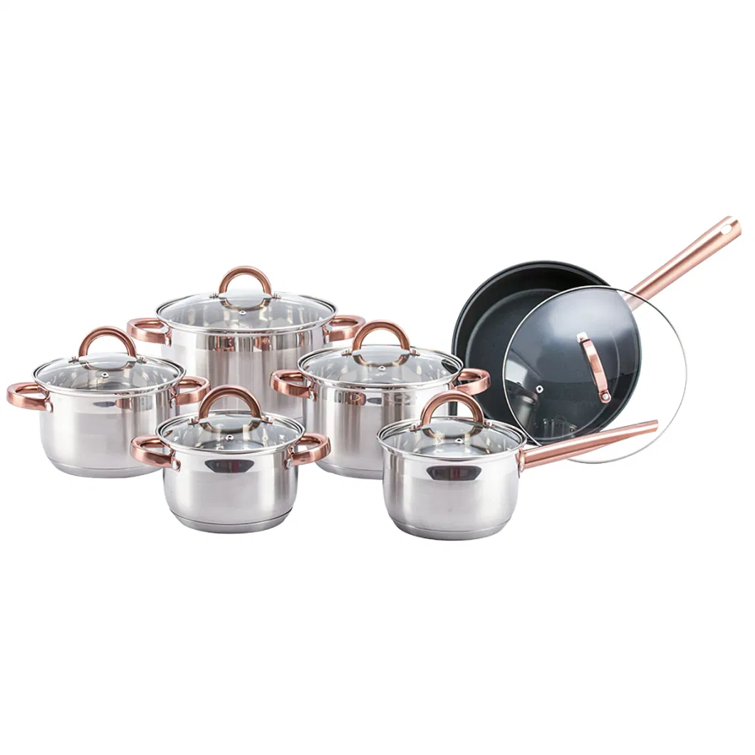 10PCS Induction Multistepped Base Golden Handle Cookware Set of Stainless Steel, Nonstick Fry Pans, Metal Hotpots, Hotsale Kitchenware