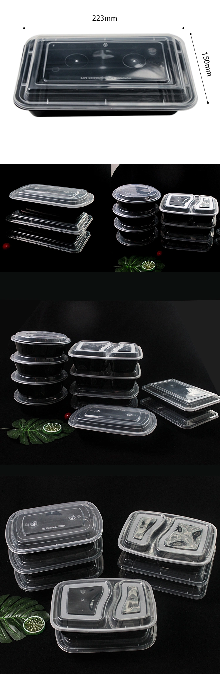 Custom Disposable Plastic Tableware 218mm Length PP Plastic Rectangle Black Box with Lid for Fast Food