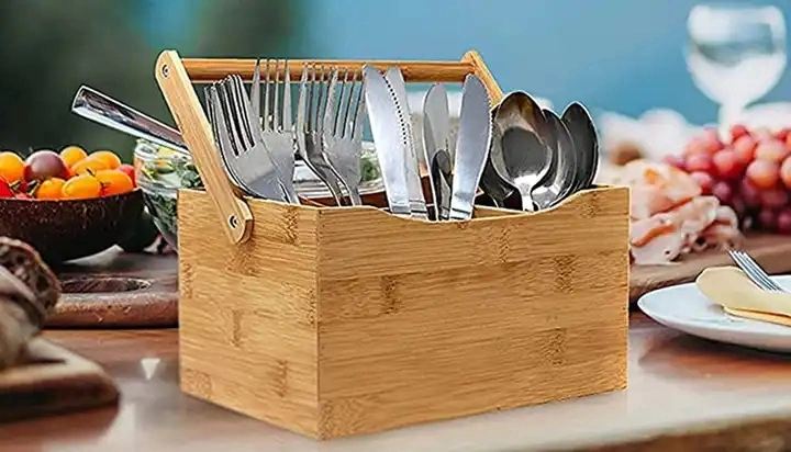 Kitchen Storage Holders Utensil Organizer Picnic Basket Bamboo Utensils Holder