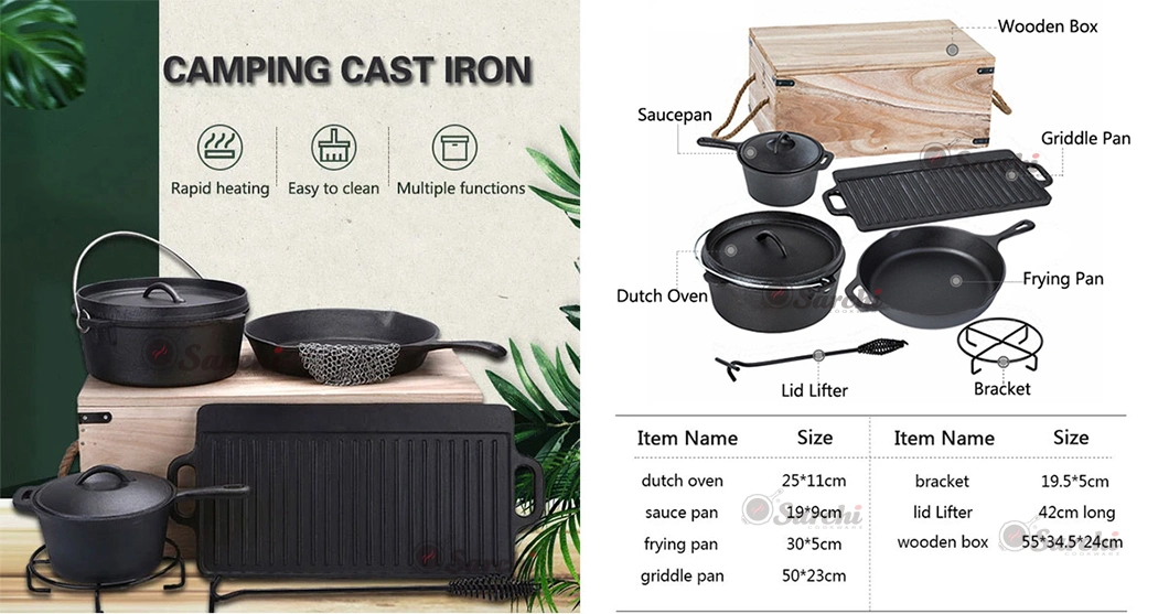 Hot Sale Outdoor Cast Iron 7 PC Campfire Camping Cookware Set Kit