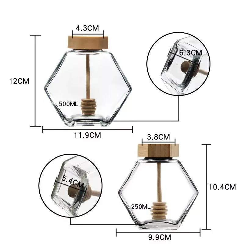 Honeycomb Shape Hexagonal Glass Storage Pot Cruet Spice Herb Mini Honey Jar with Wooden Dipper and Bamboo Lid 100ml 220ml 380ml