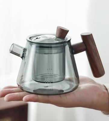  Tea Pot in vetro grigio colore alto borosilicato separato Set di teapot in vetro con infusore di tè in vetro e manico in legno Confezione regalo