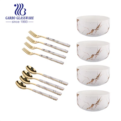  Set di flatware Luxury Noble Golden e-Plating per uso domestico Supporto in legno, design in marmo, tazza in ceramica e cucchiaio a forchetta per coltelli Cena a menu fisso