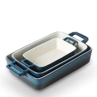  Grossista microonde sicuro forno sicuro rettangolo di rectangle su misura piatti da forno in ceramica Set di 3 con due maniglie per cucina