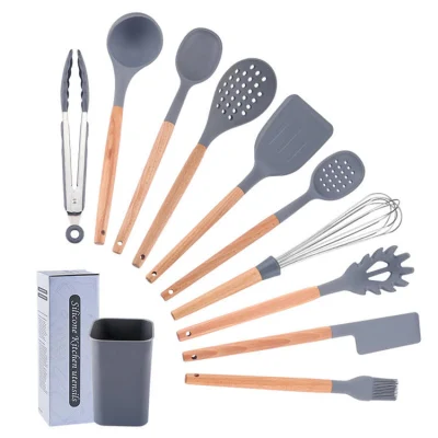 10 pezzi manico in legno grigio chiaro silicone utensili da cucina