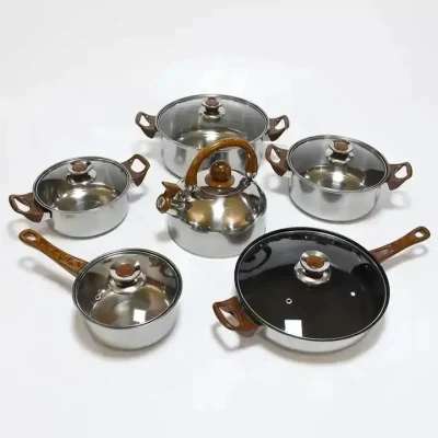  2023 Hot Selling 12 PZ. Set di pentole in acciaio inox Set di utensili da cucina antiaderenti con manico per cereali in legno