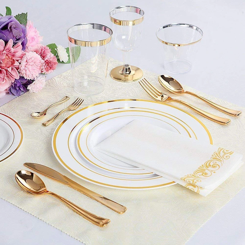 Elegant Premium Heavy Duty Disposable Plastic Gold Rose Silver Rim Dinnerware Tableware Dinner Sets for Party Wedding Birthdays