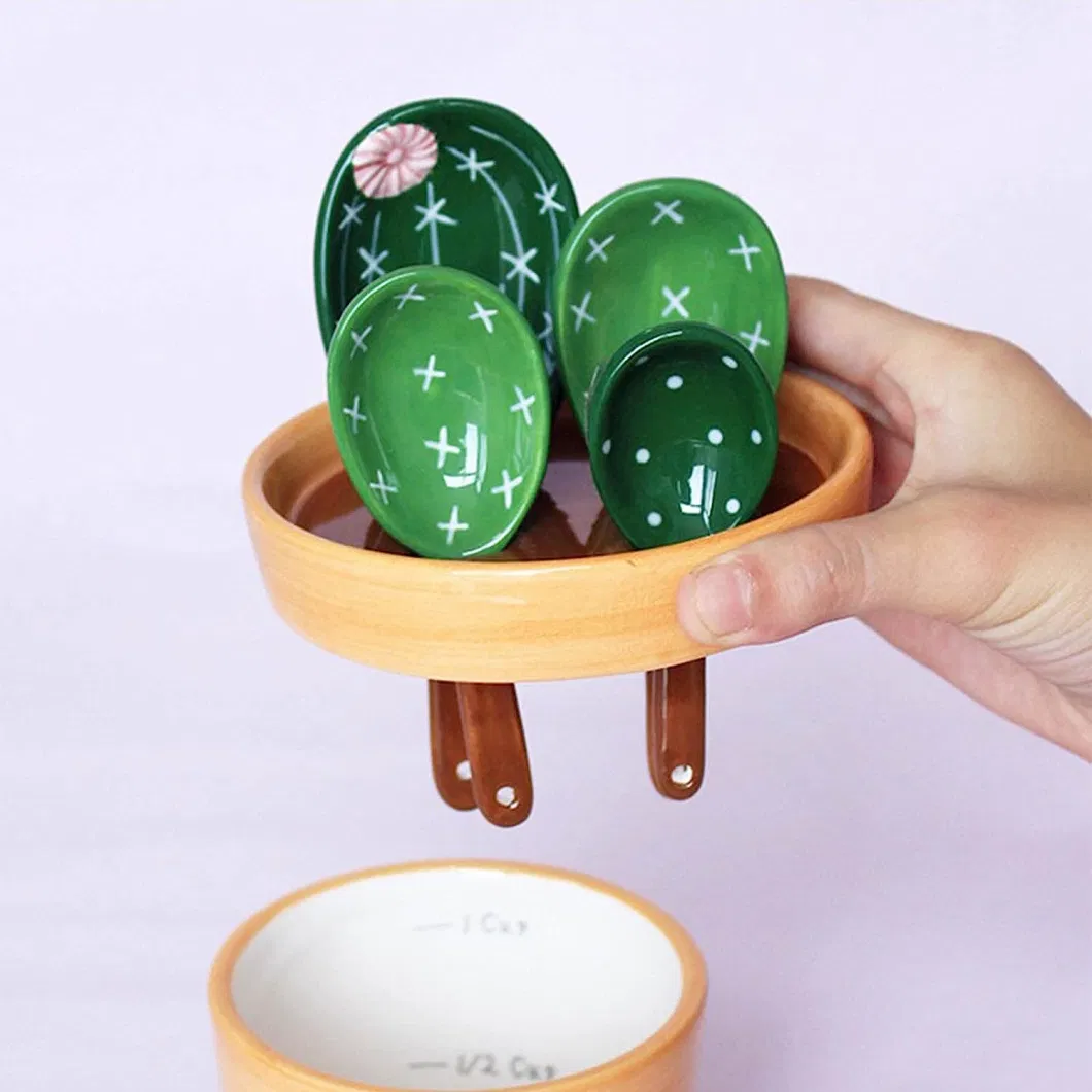 Cactus Ceramic Measuring Spoons Set in Pot Measuring Cups for Baking Slat Sugar