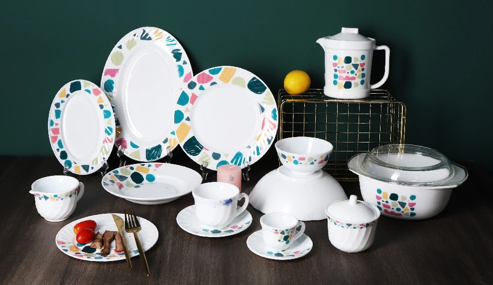 Hot Selling 75 PCS Set White Square Shape Opal Glass Dinnerware Set with Customized Decal Printing Designs