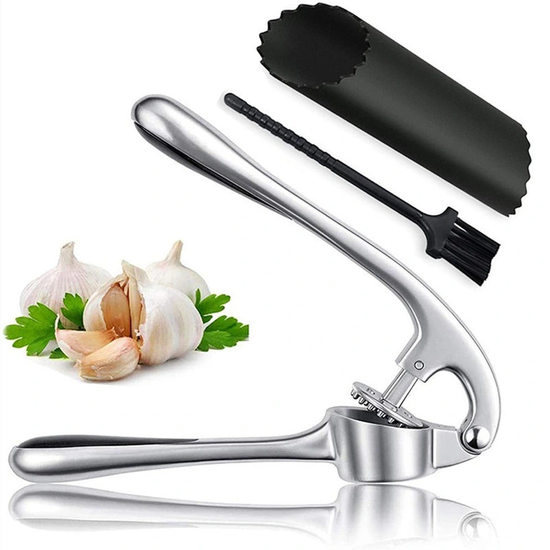 Kitchen Premium Garlic Press with Soft, Easy to Squeeze Handle Includes Silicone Garlic Peeler &amp; Cleaning Brush - 3 Piece Garlic Mincer Tool - Sturdy Ea