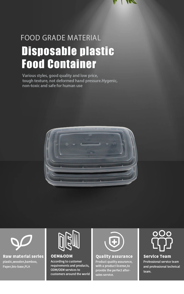 Takeaway Wholesale Disposable Plastic Tableware 900ml PP Plastic Black Box with Lid Custom