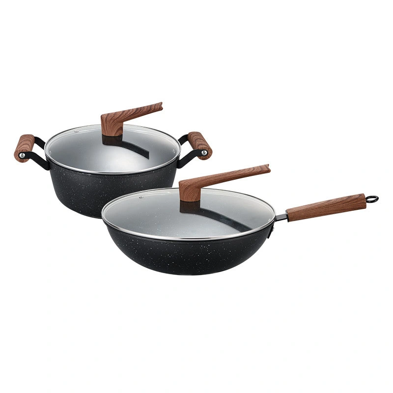 Manufacturer Kitchen Cookware Die Cast Aluminum Cooking Pot Chinese Wok Wooden Handle Non Stick Cookware Set