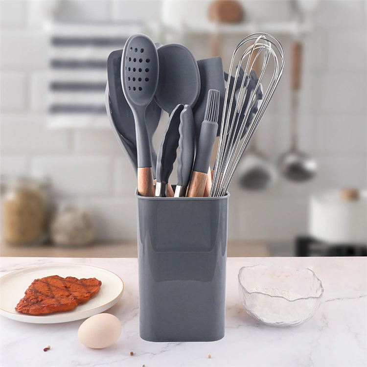 10 Piece Wood Handle Light Gray Silicone Kitchen Cooking Utensils