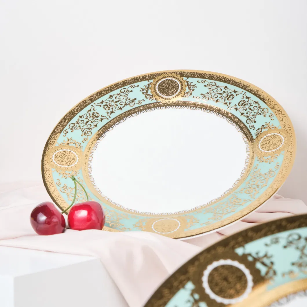 2023 Restaurant Home Tableware Crockery Ceramic Luxury Gold Green Bone China Dinner Plate