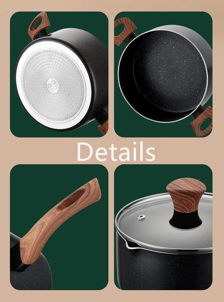 Wooden Handle Stainless Steel Non-Stick Pot Set in Green Black Color