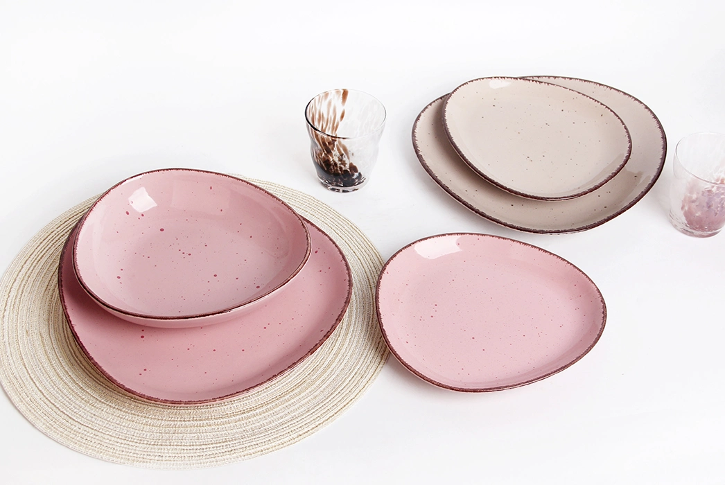 16 PCS Crockery Rustic Stone Dinner Dining Pink Dinner Plates Sets Dinnerware Luxury Ceramic Stoneware Dinnerware Sets