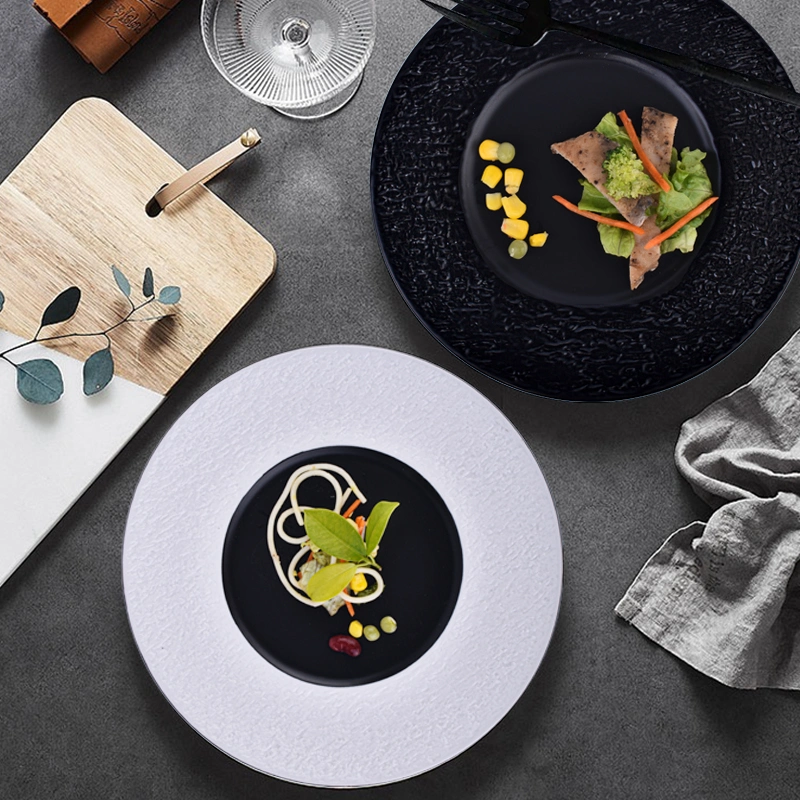 European Crockery Matte Black Ceramic Plate Round Pasta Dish Plate Tableware Dinner White Porcelain Plate for Restaurant Hotel