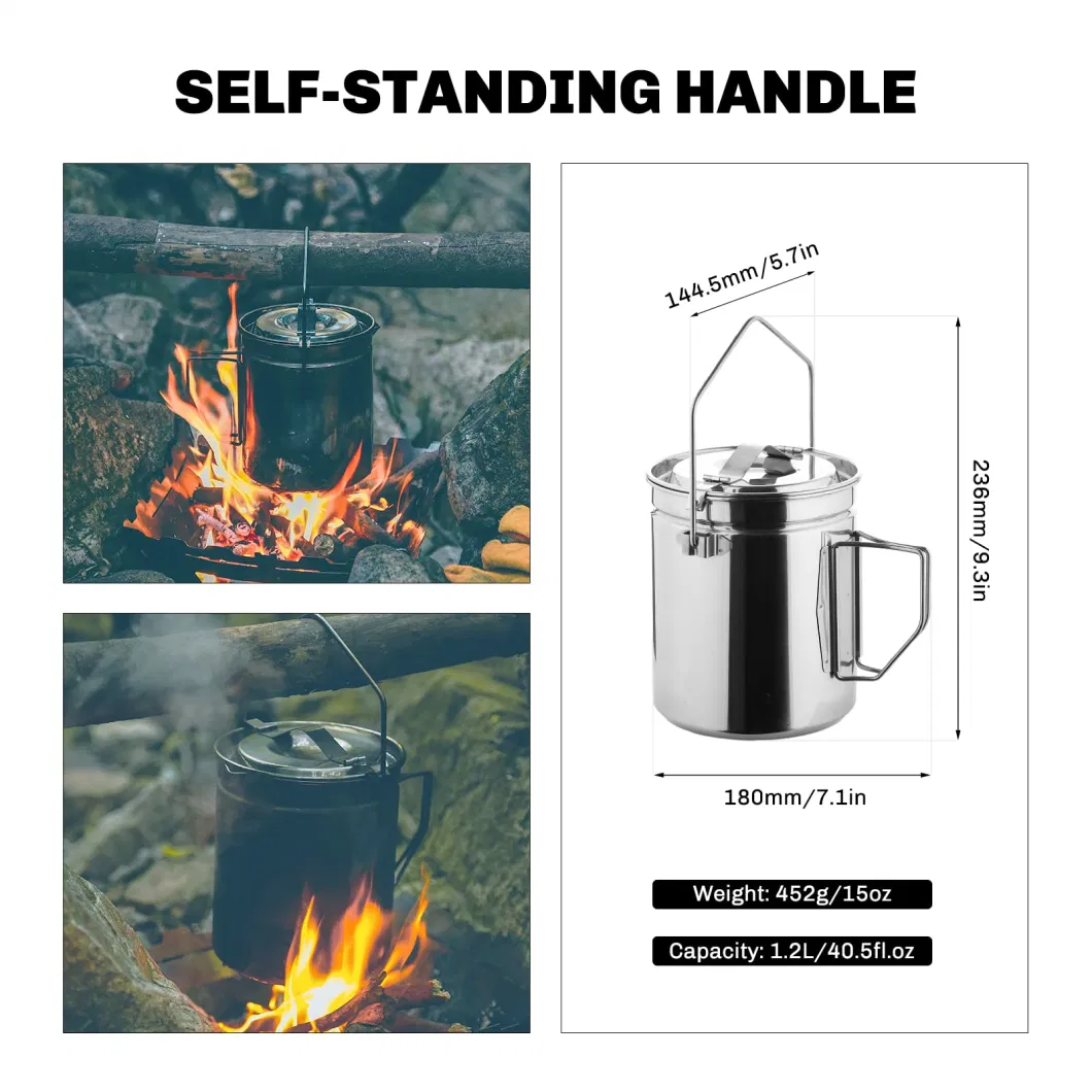Stainless Steel Pot Bushcraft Gear Hangable Campfire Cooking Equipment Camping Cookware Set