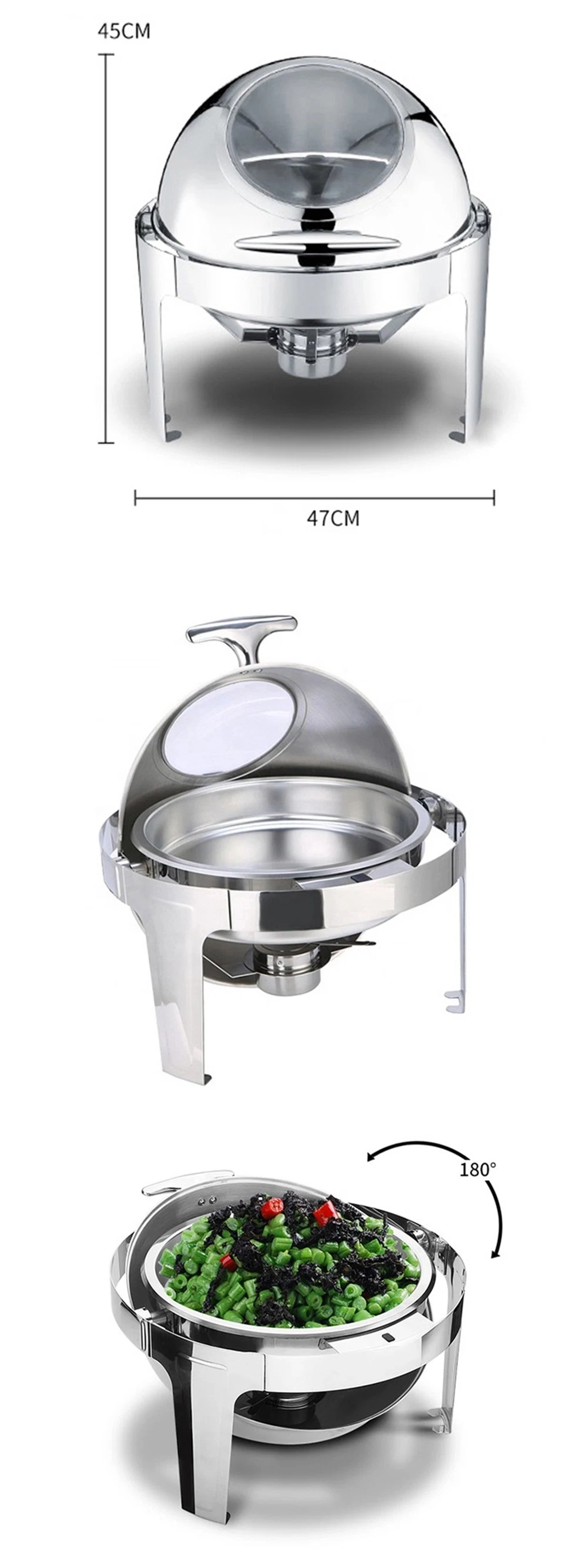 China Chef and Dish Exporters Hotel Restaurant Ware Set Factory Price Round Glass 6 Litre Banquet Roll Top Serving Buffet Catering Food Warmer Dome Chafing Dish