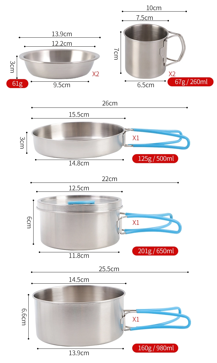 8PCS Stainless Steel Camping Cookware Picnic Camp Cooking Cook Set for Hiking Picnic Durable Compact Pot Pan