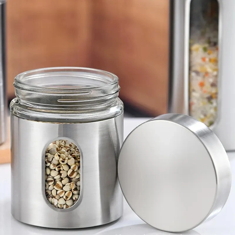 High Quality Mini Cylinder Glass Seasoning Pot 4oz Glass Stainless Steel Spice Jars with Window