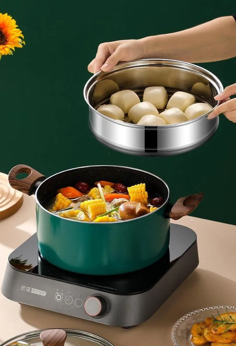 Wooden Handle Stainless Steel Non-Stick Pot Set in Green Black Color