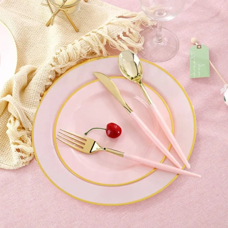 Tableware Set Wedding Plate and Cutlery Pink Plastic Gold Rim Dishes Plate Sets Dinnerware Set with Cutlery