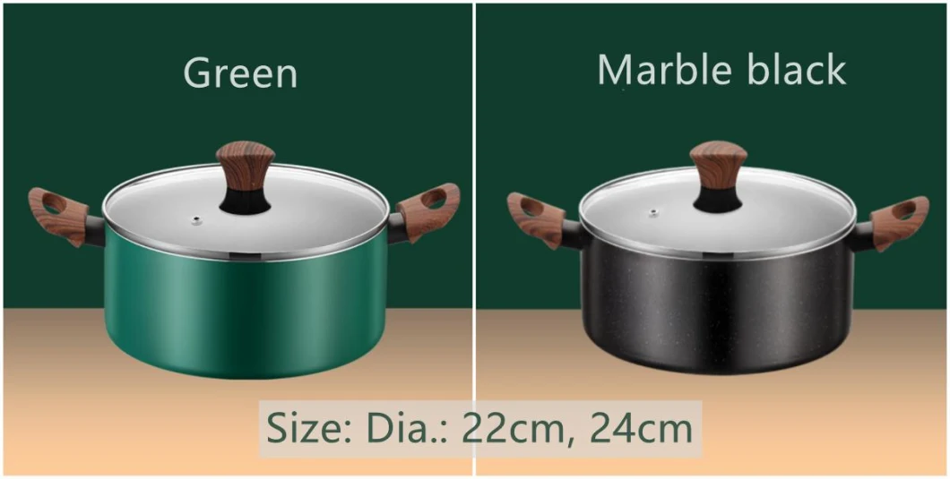 Wooden Handle Stainless Steel Non-Stick Pot Set in Green Black Color