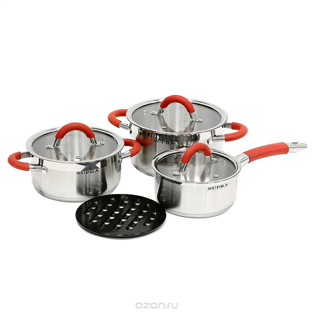 6PCS Stainless Steel Cookware Set - silicon Grip Kitchen Soup Pot and Non Stick Fry Pans Included, with Flat Glass Lid, Induction Compatible