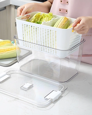 Fridge Storage Bin Produce Saver Stackable Refrigerator Food Organizer Container with Removable Drain Tray