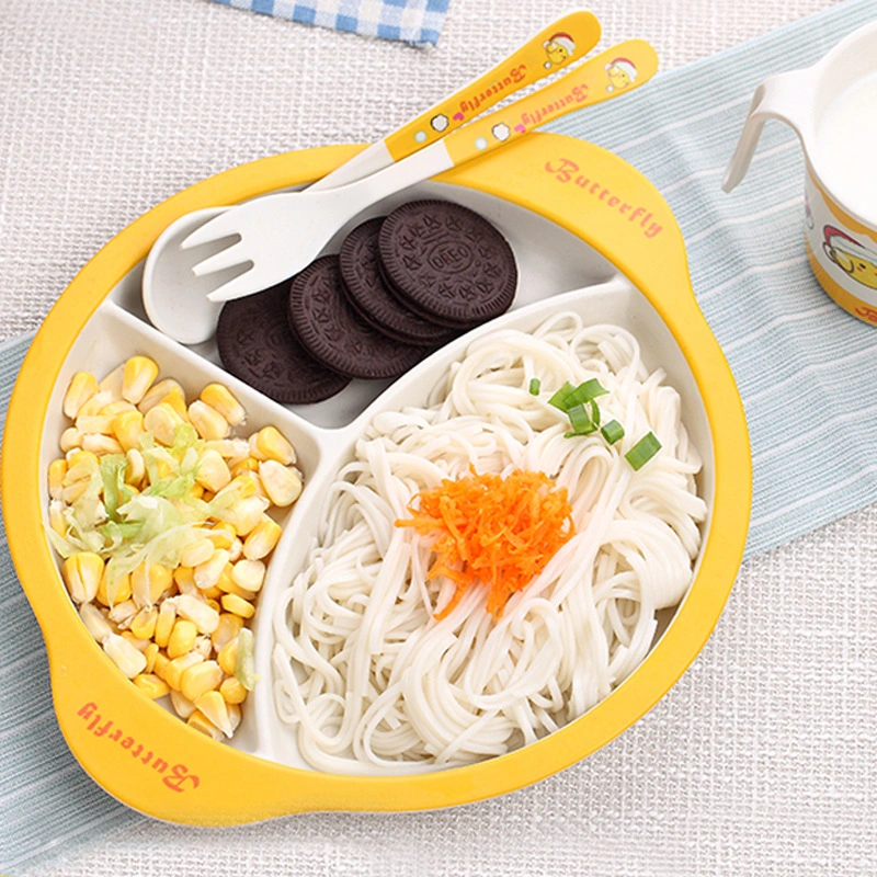 Bamboo Fiber Children&prime;s Tableware Set Baby Food Supplement Plate Cartoon Baby Divided Rice Bowl Anti-Fall Fork Spoon
