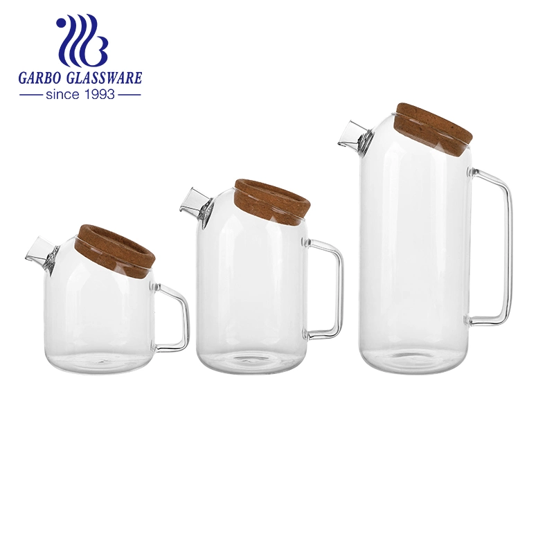 Borosilicate Glass Pitcher Set with Wood Lid Glass Tea Pot with Handle Heat Resistabt Glass Teapot