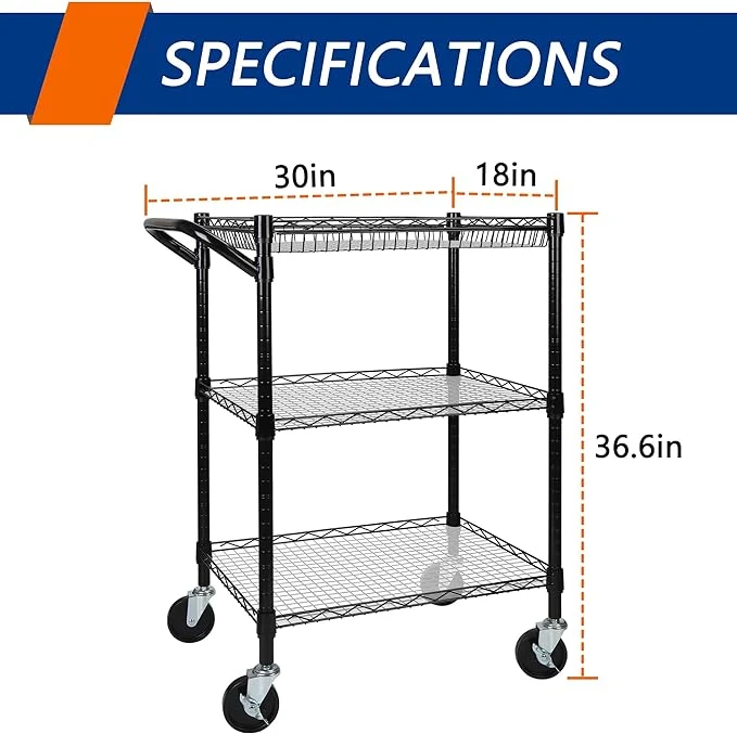 Metal Shelves Chrome Black Wire Shelving Trolley Storage Cart