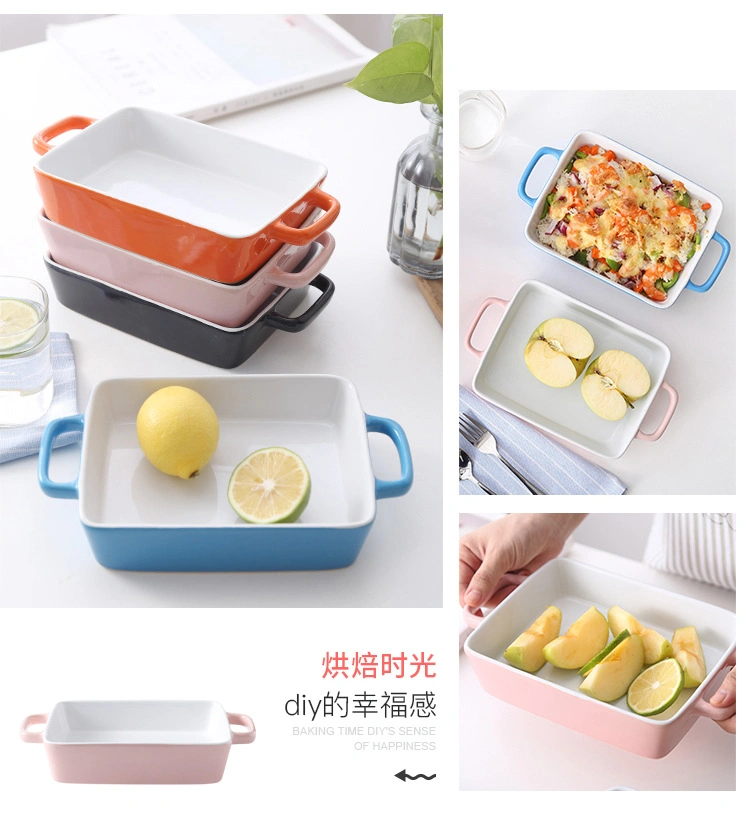 Customized 9 Inch Rectangular Binaural Baking Palte Nordic Household Cheese Baked Rice Tray Set Ceramic Baking Tray Ceramic Dinner Set