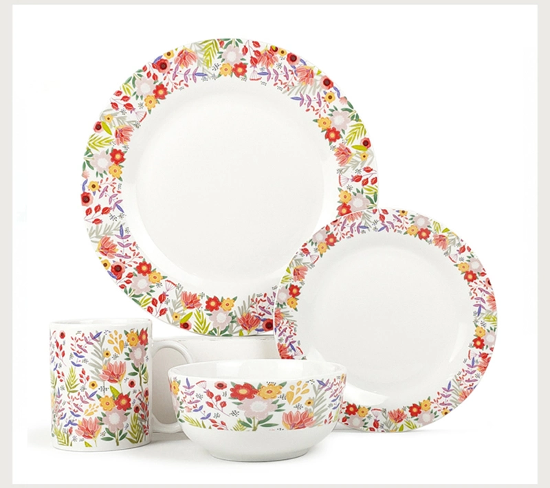 Wholesale Custom Ceramic Dinnerware Dinner Set with Porcelain Floral Rimmed Shape