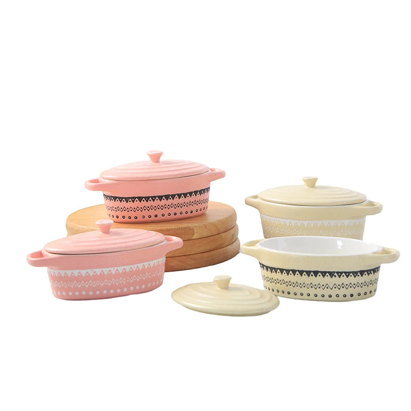 China Supplier High Quality Oval Shape Ceramic Casserole Candy Colors Stoneware Mini Baking Dish Oval Mini Bowl with Lid for Kitchen