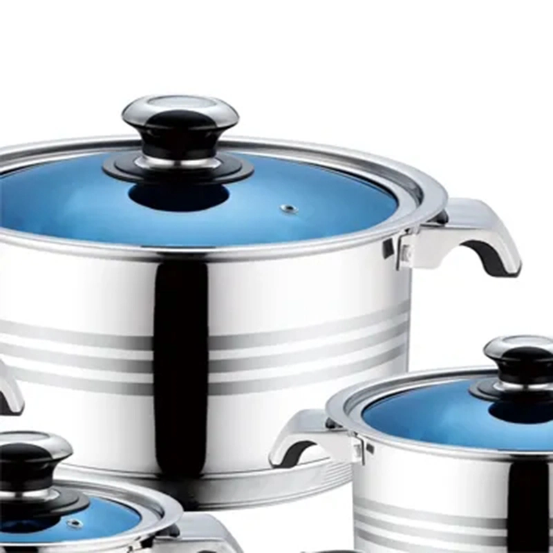 50PCS Stainless Steel Casserole Fry Pan Pots Manufacturer Kitchen Cooking Pot Saucepan Cookware Set with Blue Glass Lid for African &amp; South American Market