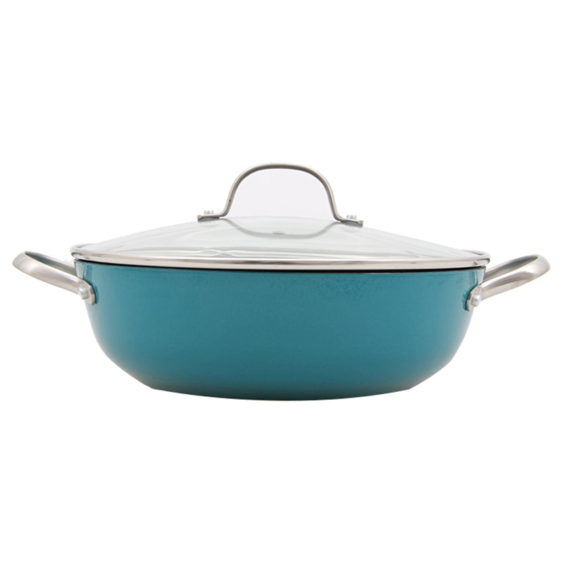 2PCS Hot Sale Cast Iron Enamel Nonstick Coating Casseroles Lightweight Cookware Flat Bottom Saucepan with Glass Lid