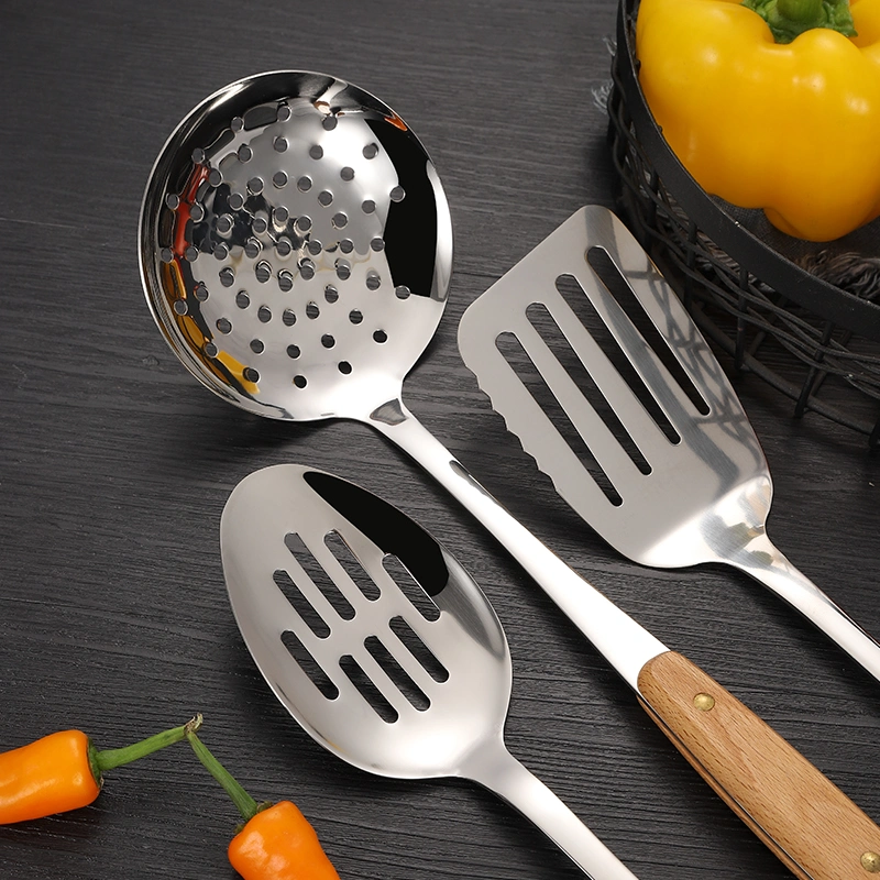 7PCS Stainless Steel Utensils Non-Slip Heat Resistant Kitchen Accessories Cooking Tool with Wooden Handle