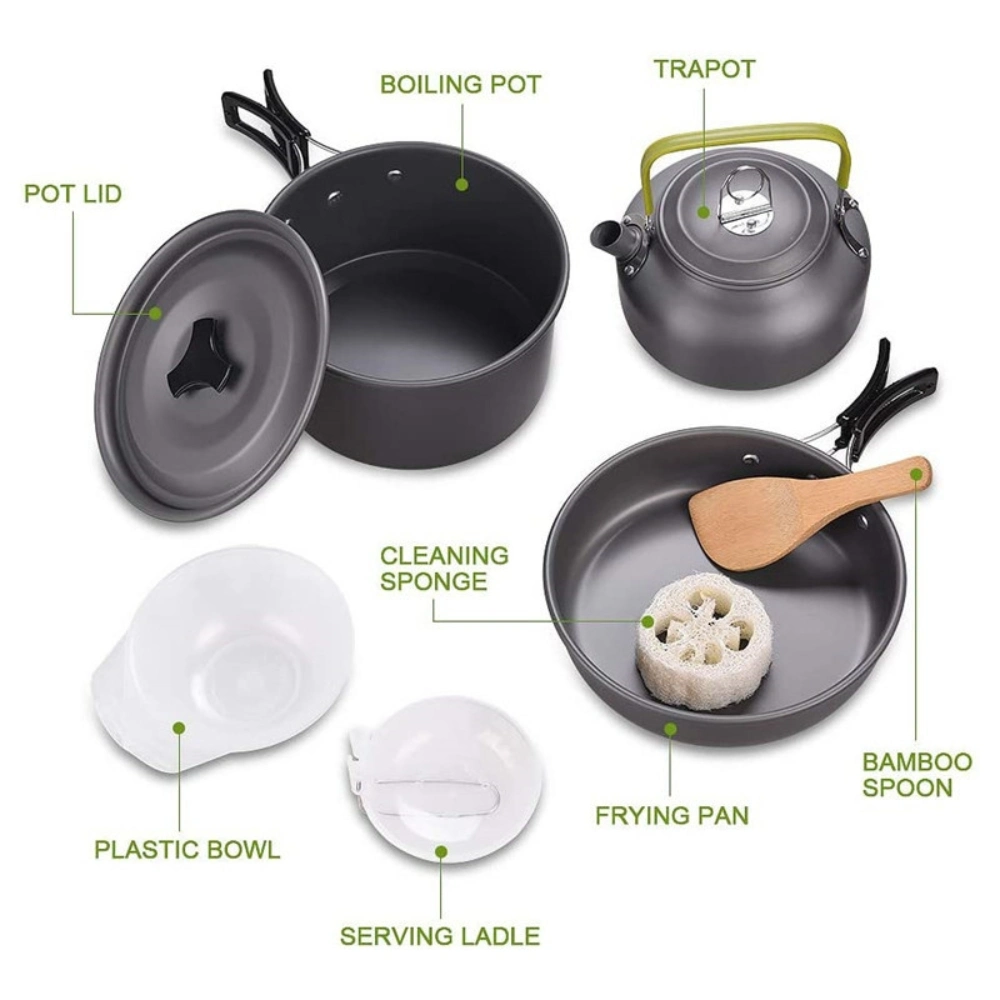 3 in 1 Alumina Outdoor Pot Pan Kettle Camping Cookware Kit Hiking Picnic Self-Driving Folding Cooking Pot Tableware Teapot Set Ci24340