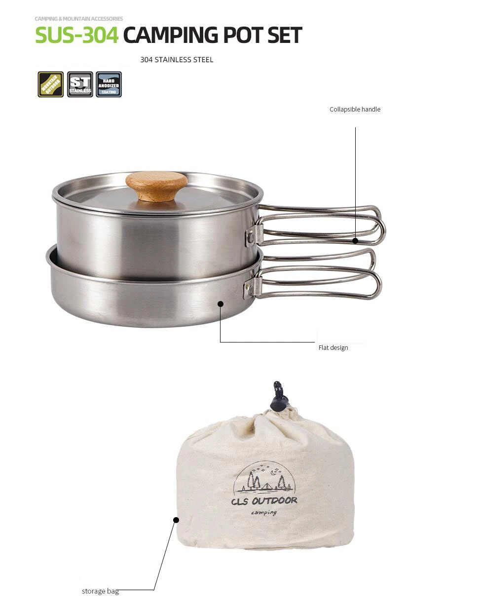 Stainless Steel Outdoor Camping Mountaineering Hot Pot Cookware Set Hiking Mess Kit