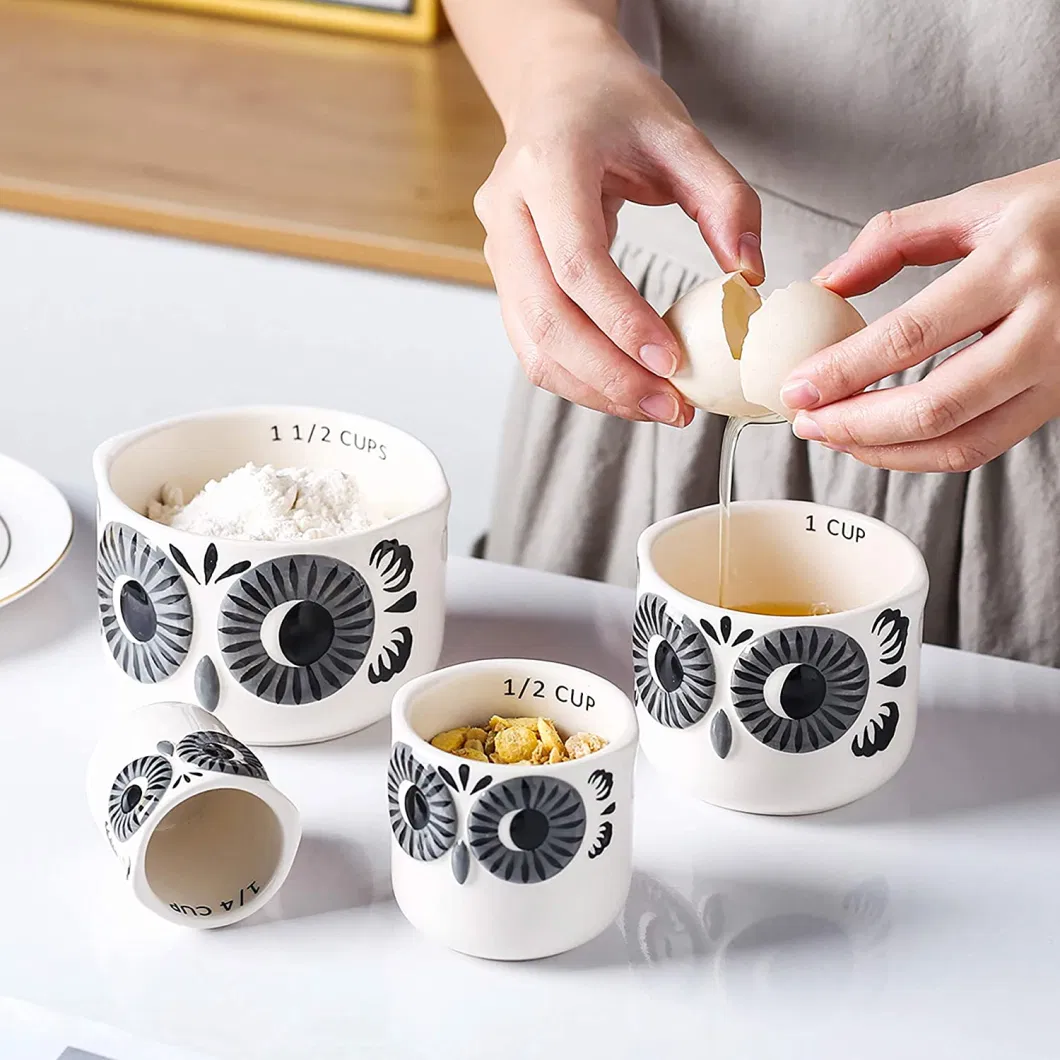 Ceramic Owl Measuring Cups Set of 4 for Cooking and Baking, Grey and White