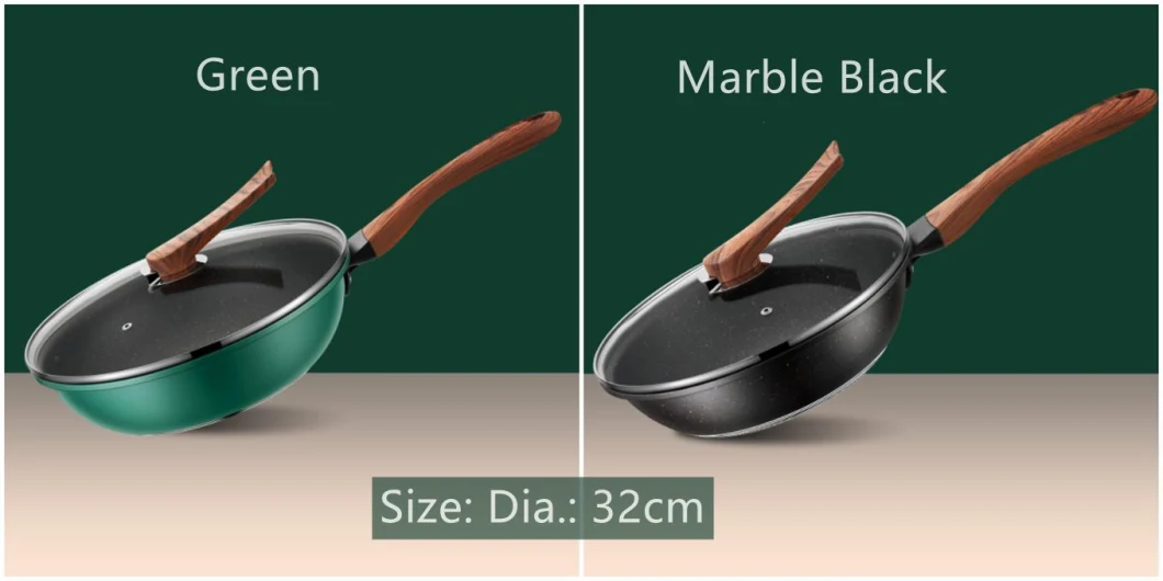 Wooden Handle Stainless Steel Non-Stick Pot Set in Green Black Color