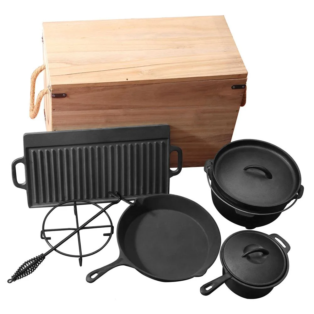 Custom Size Camping Outdoor BBQ Campfire Pots and Pans Pre-Seasoned 5 Piece Kitchen Cast Iron Cookware Set