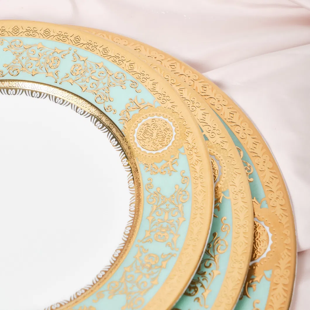 2023 Restaurant Home Tableware Crockery Ceramic Luxury Gold Green Bone China Dinner Plate