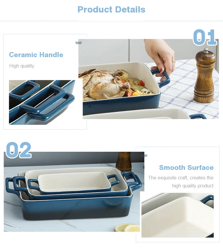 Factory Wholesaling High Quality Oven Safe Rectangle Customized Ceramic Baking Dishes with Two Handles Set of 3 for Kitchen